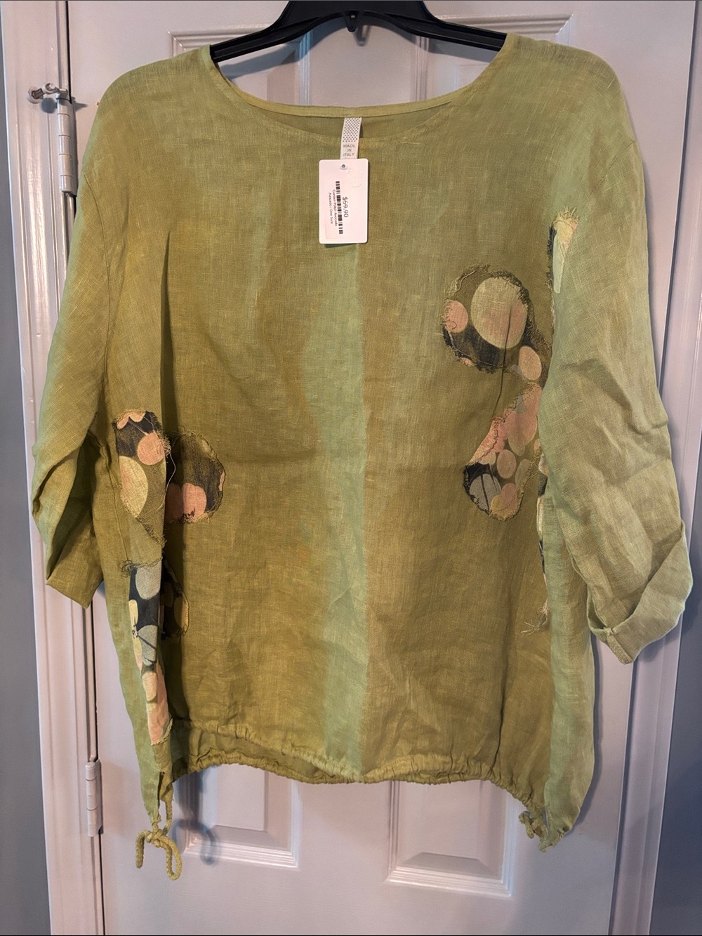 Italian Made Avocado Green Tunic with Pink Floral Appliqué NWT